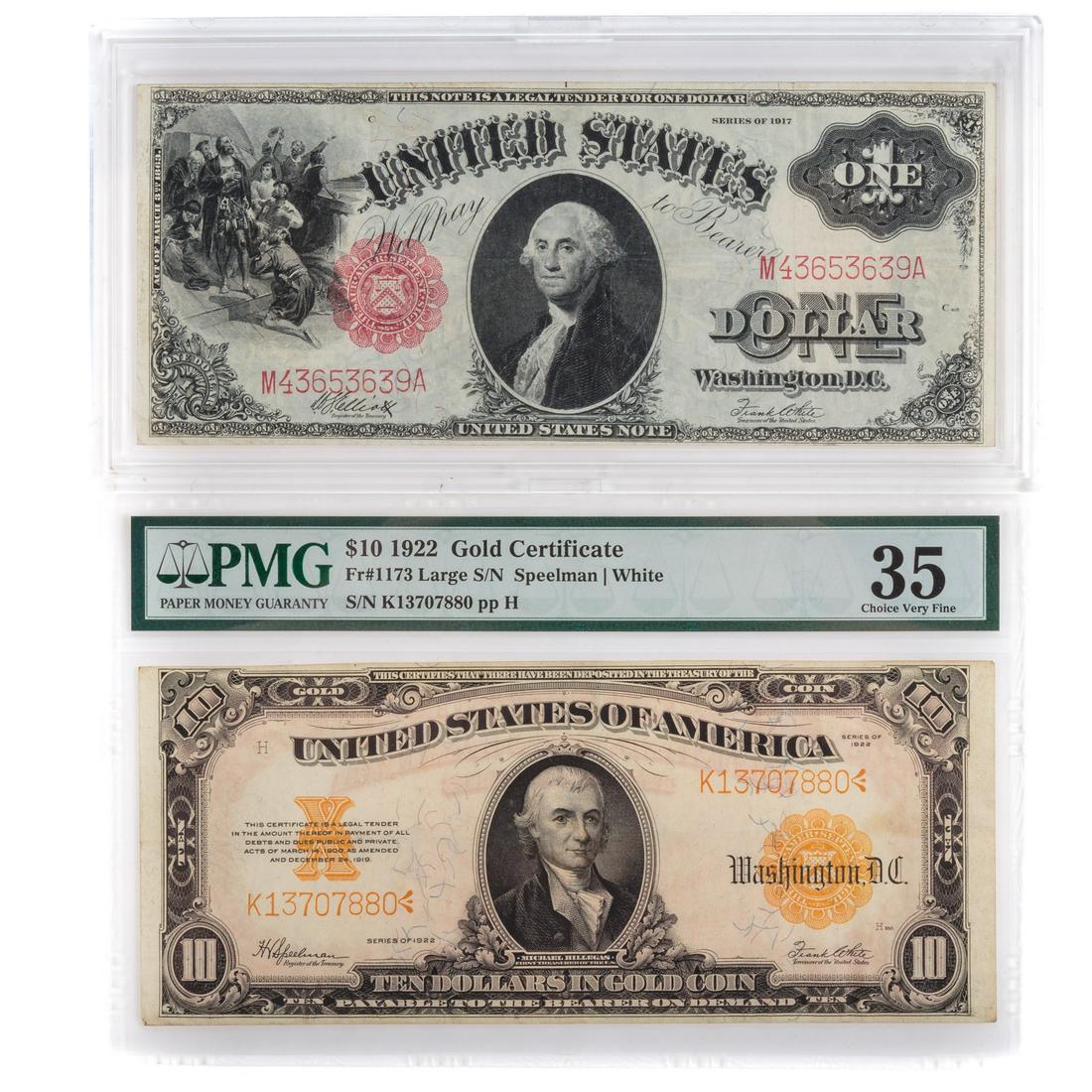 Two Nice Large Size Currency Notes: 1922 $10 Gold Certificate, FR1173 PMG VF35 1917 $1 Legal Tender FR38m VF20 Elliot - White mule placement of plate number