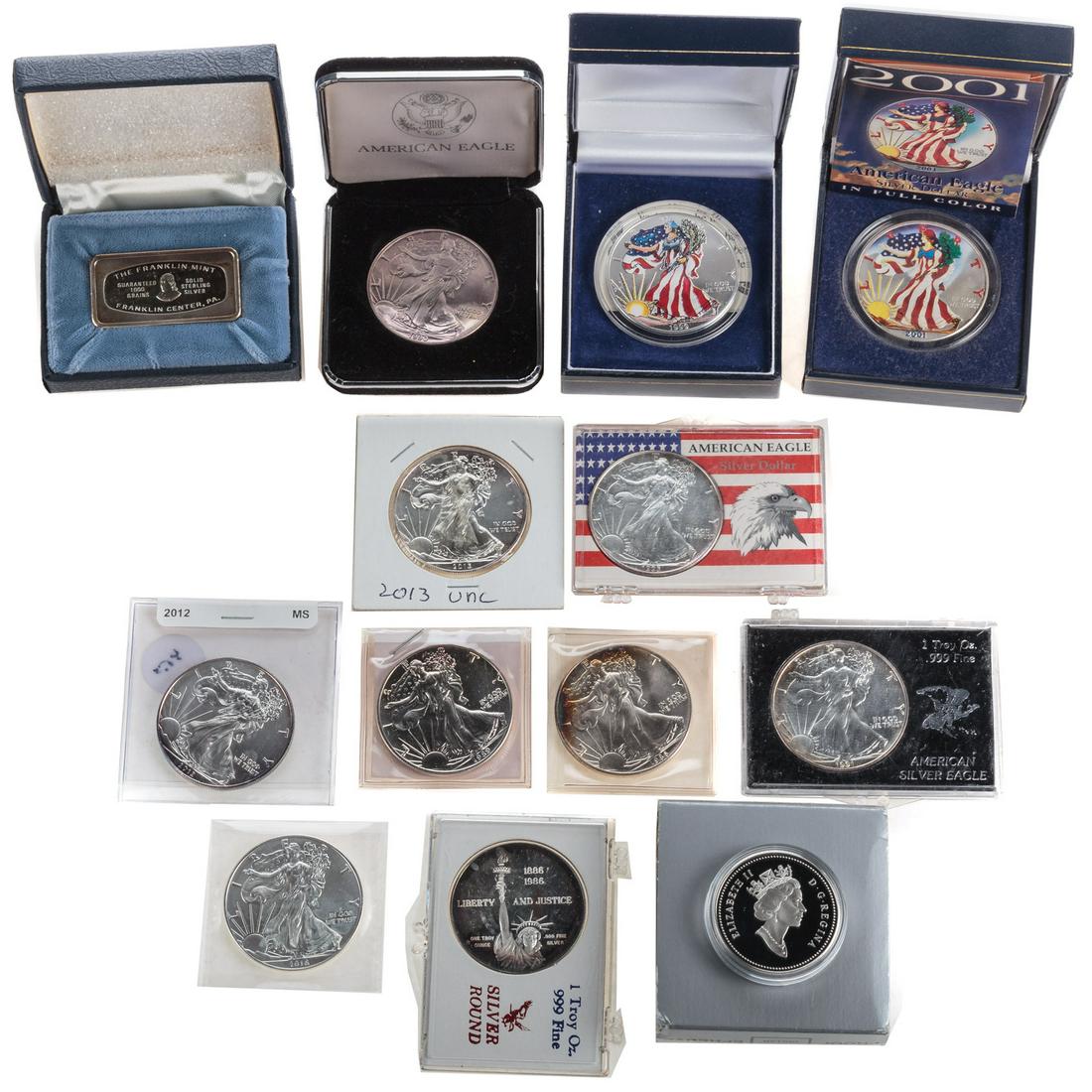 11 Silver Eagles & Silver Bullion: 2- Colorized 1999, 2001; 1986, 1989, 1990, 1991, 2-1993, 2012, 2013, 2016 1993 Stanley Cup Canadian Silver Dollar (.74 oz), 1986 Silver Round, 1972 Franklin Mint 1000 Grain Silver bar (1.92 oz) The US