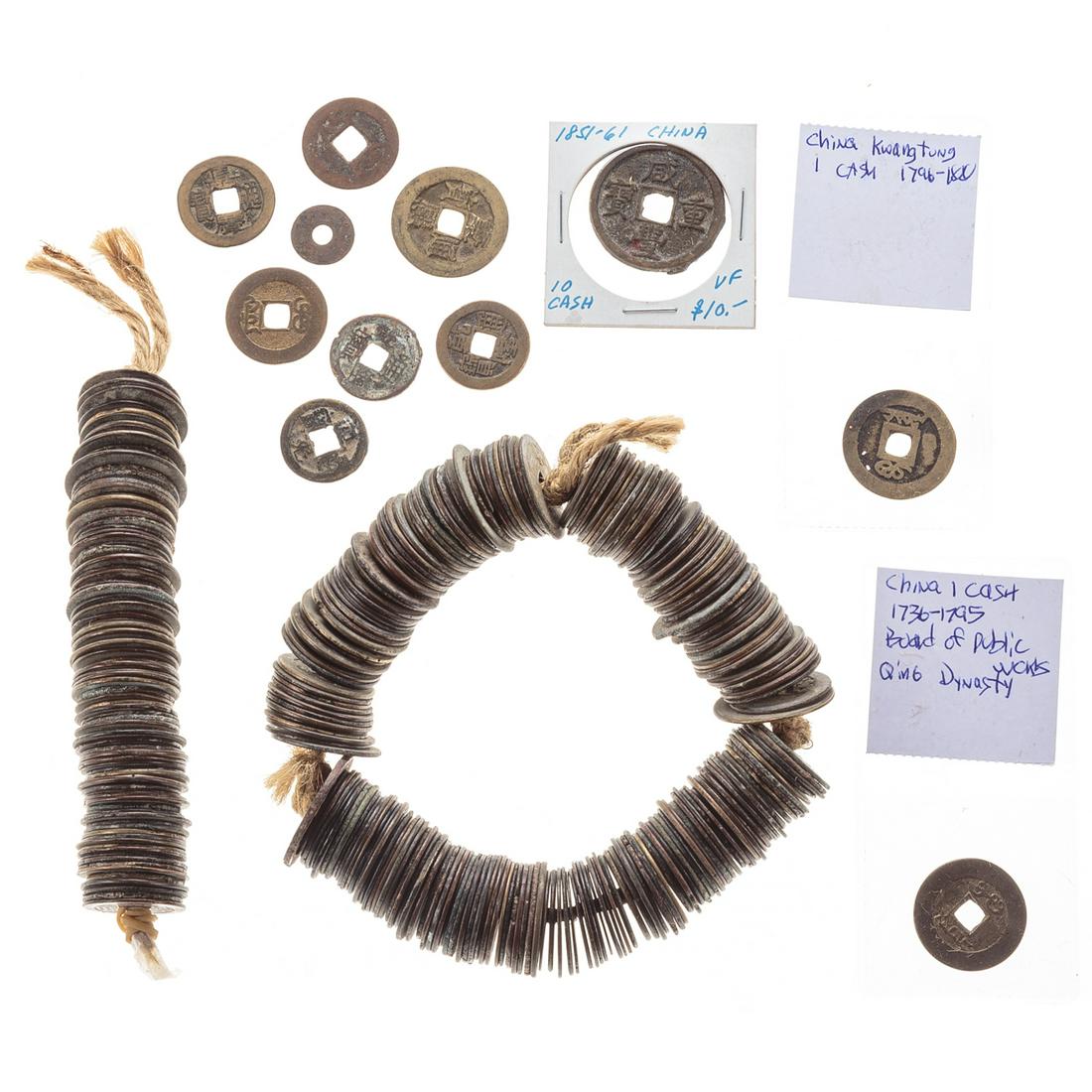 Collection of Chinese Qing Dynasty Cash Coins: Often worn in loops for good luck in the Qing Dynasty, here is 1- 100 coin cord and 1-210 coin cord along with about 10 loose 1-10 cash coins from 1736-1851