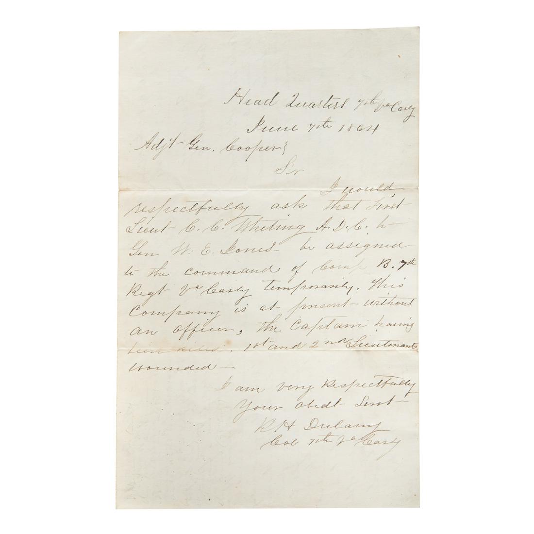 Confederate Military Document, Signatures, 1864: Official Request of Col. R. H. Dulany, commanding the 7th VA Cavalry, June 7, 1864, to appoint a young officer from another unit as Captain of his Company B, the officers all having been killed or wou