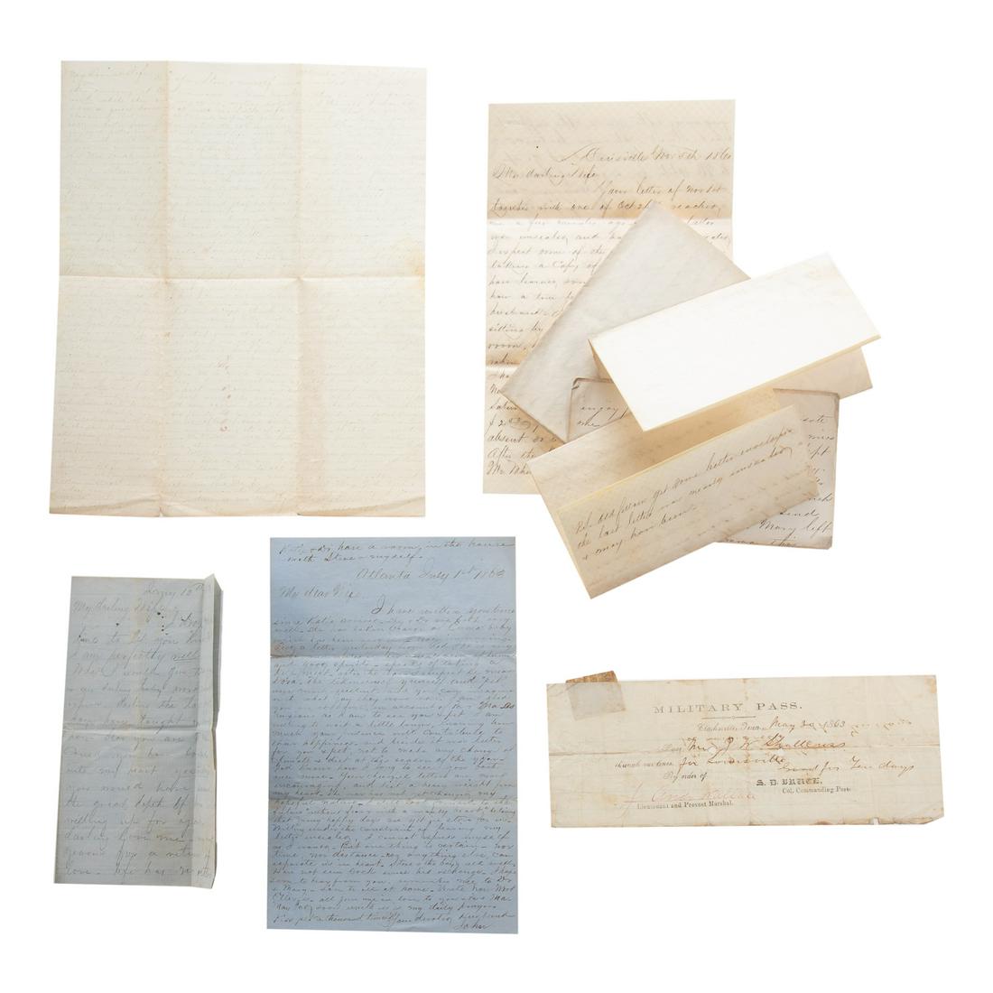 Confederate Soldier's Letters & Pass: Group of 8 letters and a military pass associated with John W. Shallcross, a soldier in Collier's Guards, a unit of Georgia Infantry, comprising four letters to his wife, dated at Louisville, 1860; an