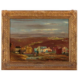 Walter Stuempfig. Pastoral Scene, oil on canvas: (American, 1914-1970). Oil on canvas, signed "Stuempfig" lr, name plate "Walter Stuempfig, Mamayunk, Pennsylvania, 1914-1970" affixed to frame, sight size: 15 1/2 x 21 1/2 in., framed.