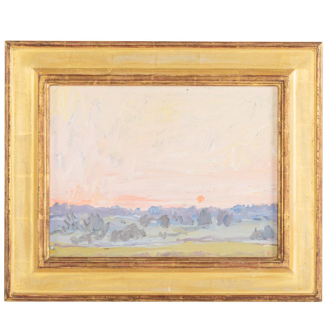 Eugene Leake. "Farm Sunrise," oil: (American, 1911-2005). Oil on canvas, 1985, signed lr, sight size: 11 1/2 x 15 3/8 in., framed. C. Grimaldis Gallery, Baltimore, MD. Rental Gallery Baltimore Museum of Art, label on verso