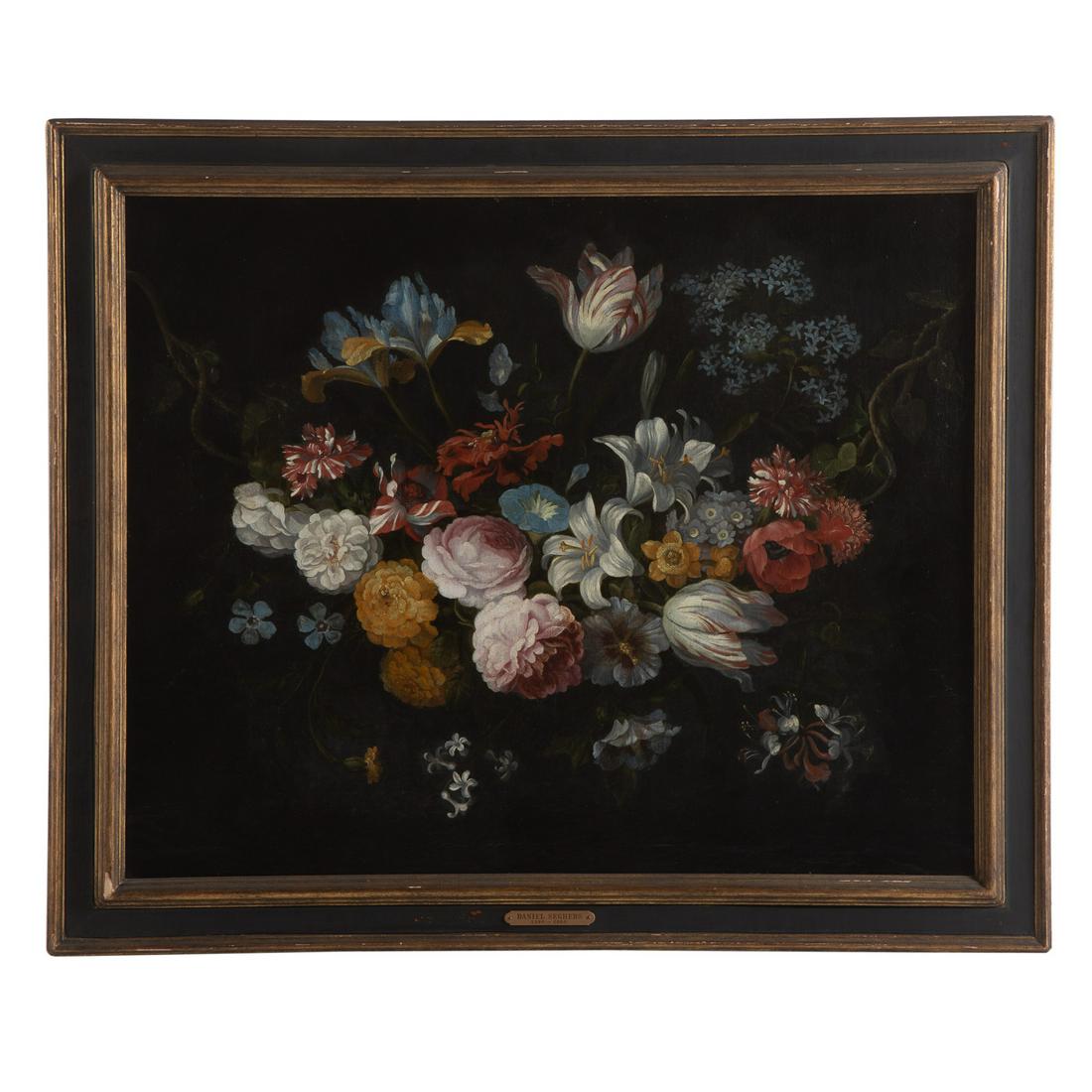 Attb. Daniel Seghers. Still Life with Flowers, oil: (Flemish, 1590-1661). Oil on canvas, artist name plate affixed to frame, 29 x 23 in., framed. C. G. Sloan and Company Auctions, Washington, DC, auction March 1984.