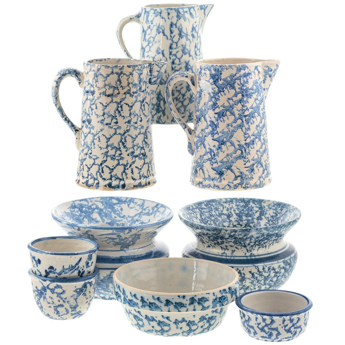 Nine Blue Spongeware Pitchers & Bowls (1 of 10)