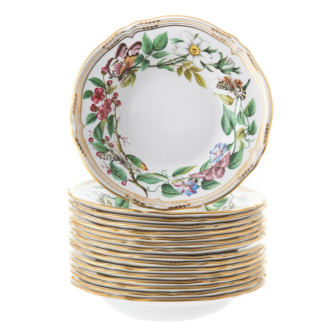 16 Spode China Butterfly Garden Soup Bowls: Scalloped edge, colorful transfer decoration of butterflies amongst flowers, #Y8063, 9 in. Diam.