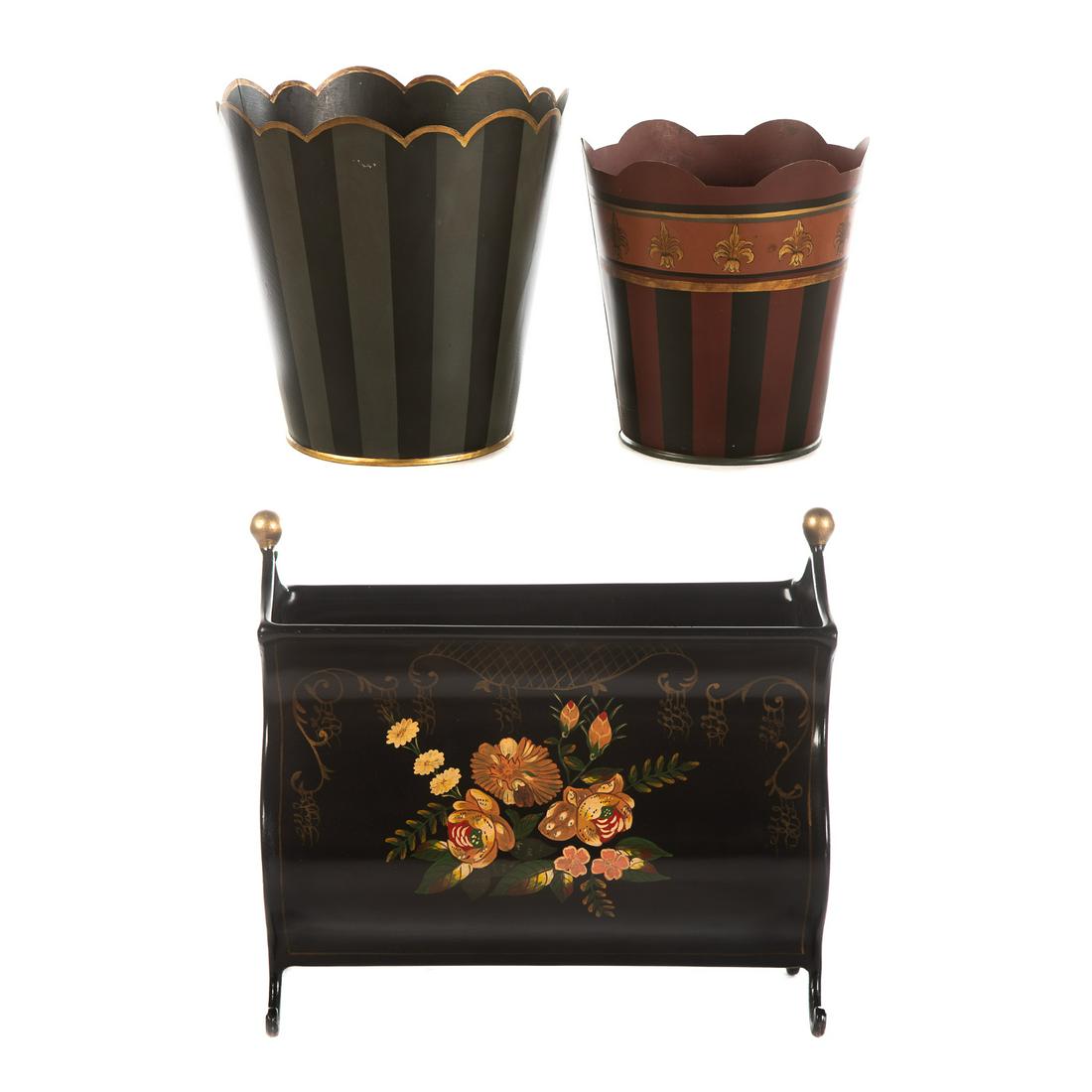 Two Toleware Waste Cans & Magazine Bin (1 of 9)