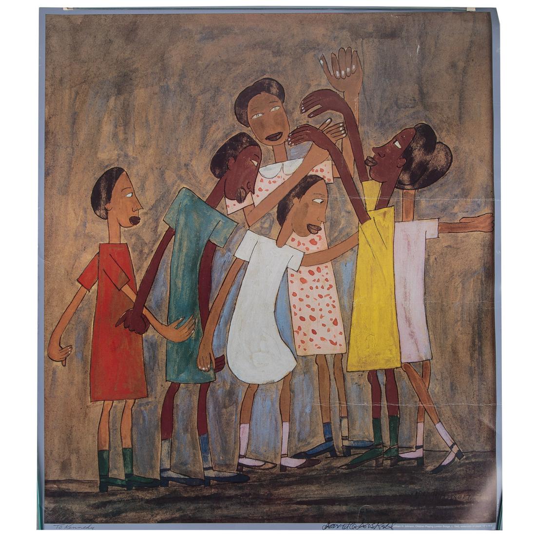 William H. Johnson. "Children Playing...": "Children Playing London Bridge" (American, 1901-1970). Offset lithograph in colors, signed in the plate "WH Johnson" lr, inscribed "To Kennedy" ll and signed "David C. Driskell" lr, sheet size: 24 x