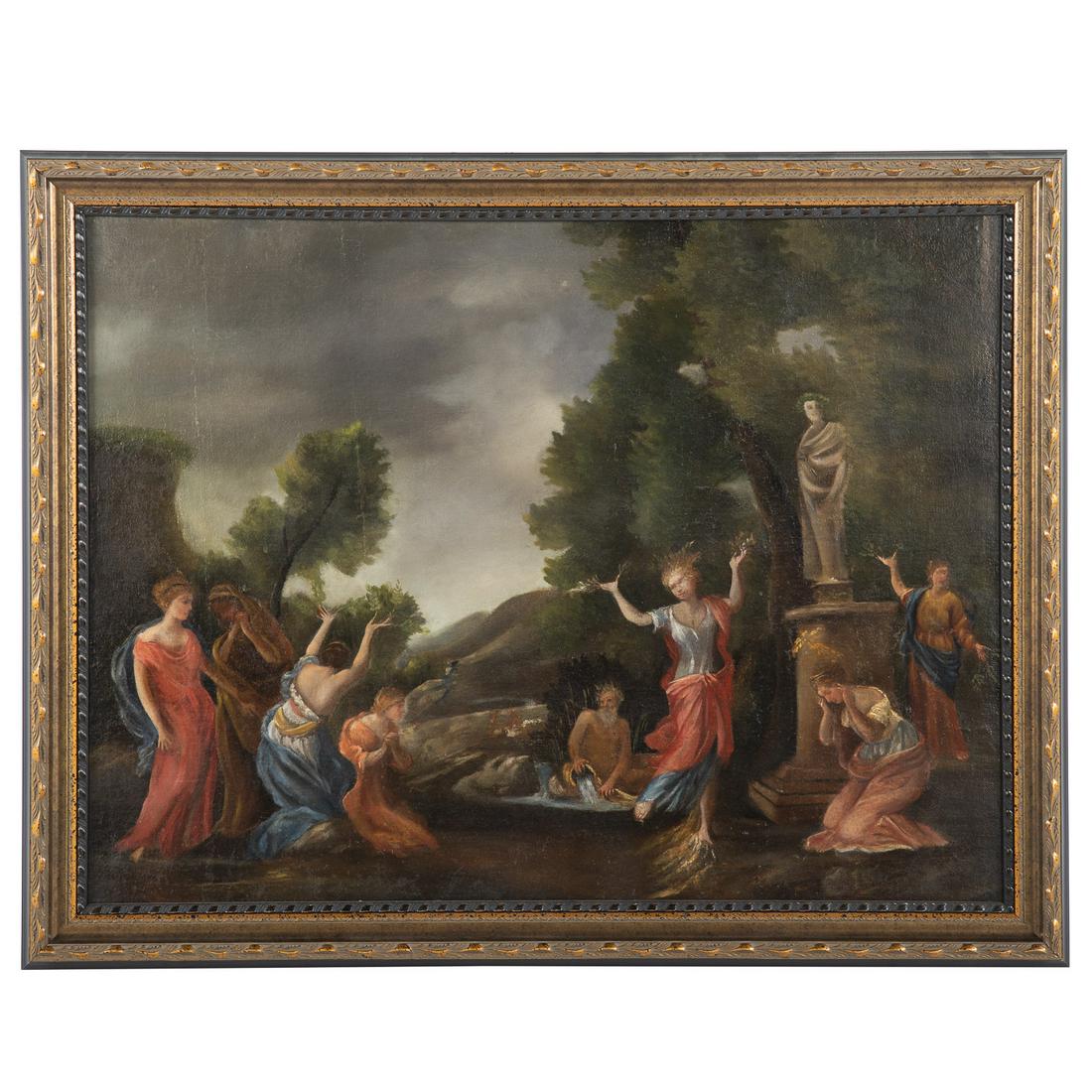 Continental School, 17th c. Classical Scene, oil: Unidentified classical scene, possibly related to Parthenius' tale of Daphne and Leucippus in Erotica Pathemata, oil on canvas, unsigned, 26 1/2 x 34 in., framed.
