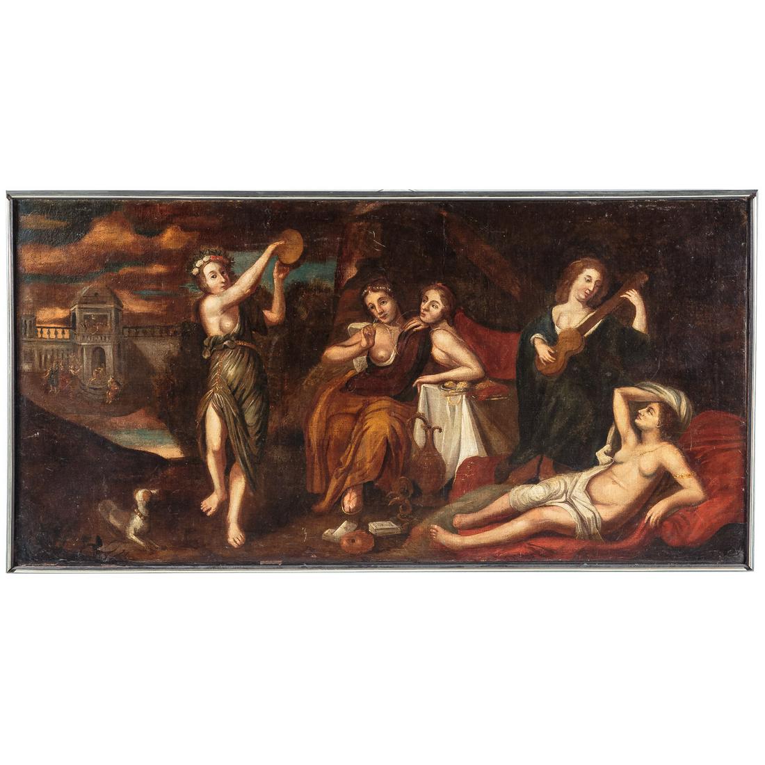 Continental School, 17th c. Classical Scene, oil: Probably Dutch, oil on canvas, 33 x 66 in., framed.