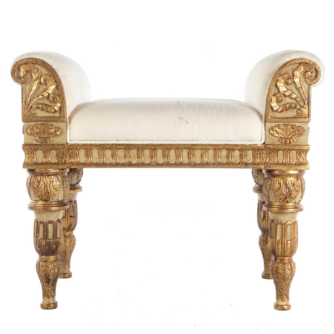 Louis XVI Style Painted Giltwood Window Bench: Upholstered window bench with gilt and paint decorations. 25 in. H., 31 in. L., 18 in. D.