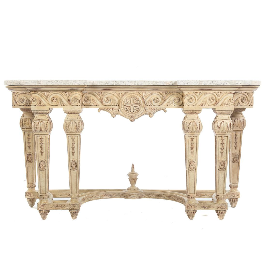 Regency Style Painted Wood Sofa Table: With shaped marble top and highly carved base 32 in. H. 60 in. W., 19 in. D. From the private collection of John Paterakis, H&S Bakery, Baltimore, MD.