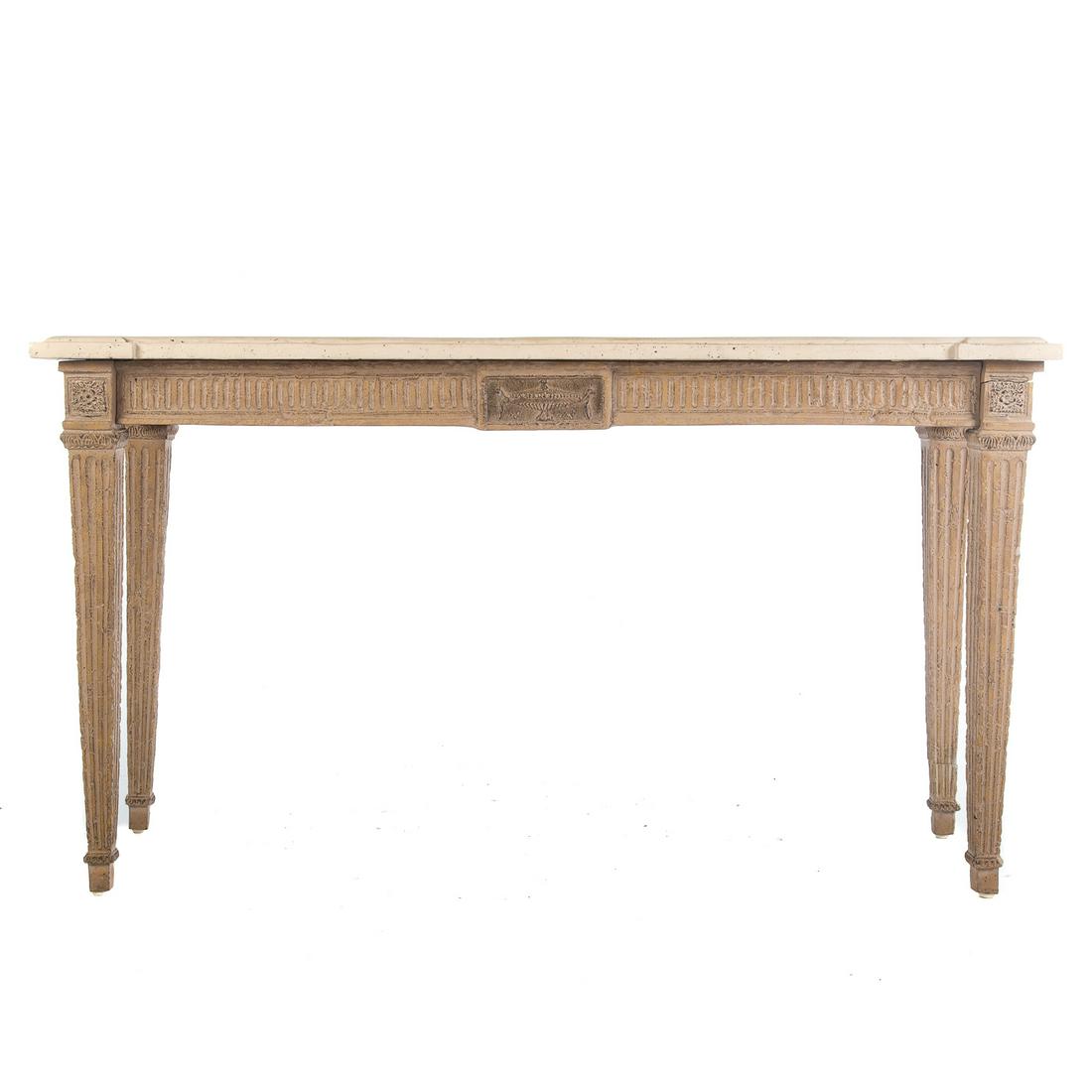 Regency Style Painted Wood Sofa Table: With shaped turret corners & composite top, 31 in. H., 56.5 in. W., 21 in. D. From the private collection of John Paterakis, H&S Bakery, Baltimore, MD.