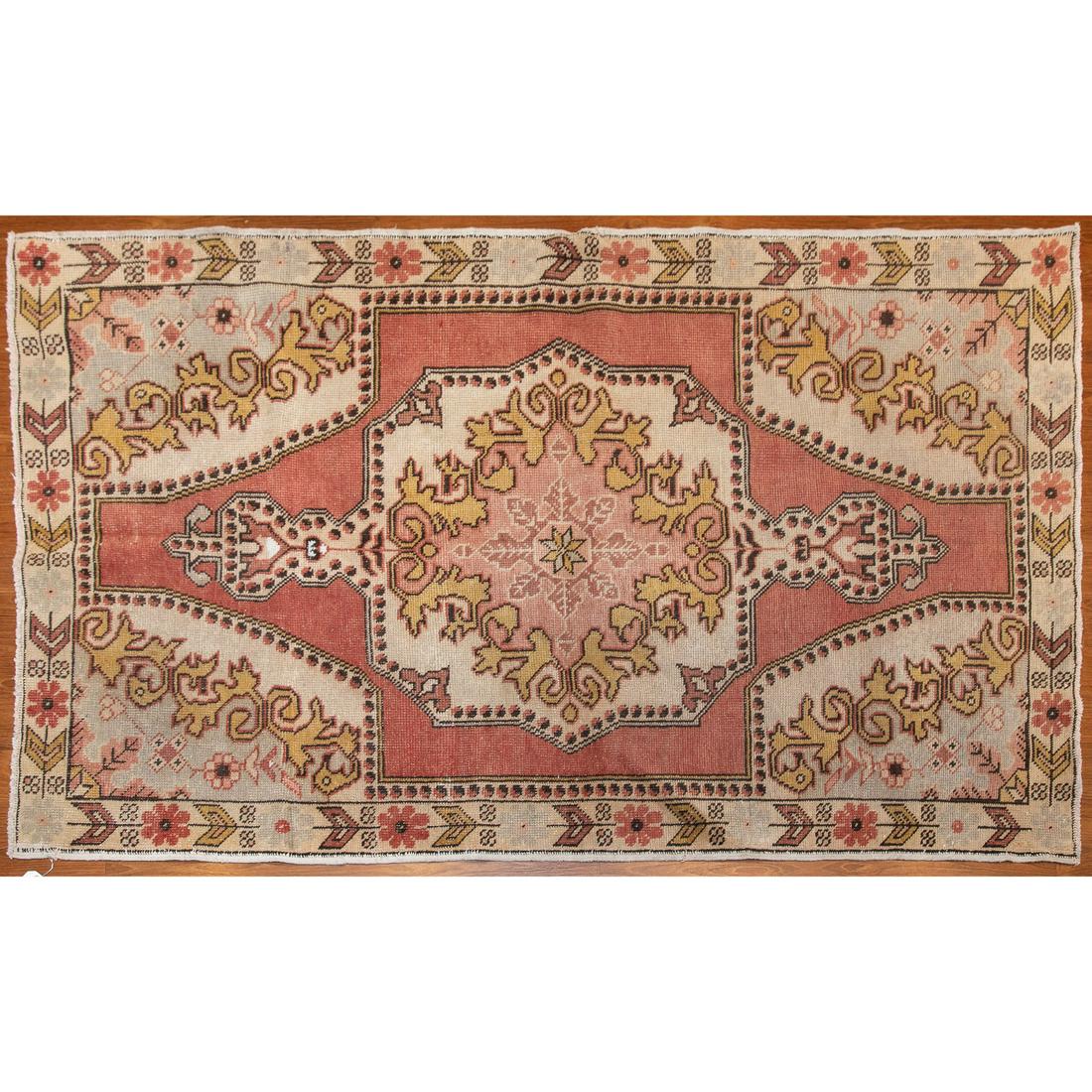 Semi-Antique Oushak Rug, Turkey, 4.3 x 6.8: Second quarter-20th century, hand-knotted, wool pile on cotton foundation.