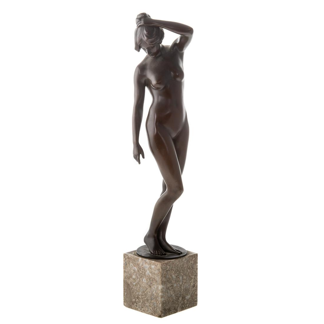 Erich Schmidt-Kestner, Venus Bronze: (German, 1877-1941). Standing classical female nude, signed, "E. Schmidt-Kestner" and stamped on base edge "H Noack Berlin Friedenau," 12 1/4 in. H., mounted on marble cube base.
