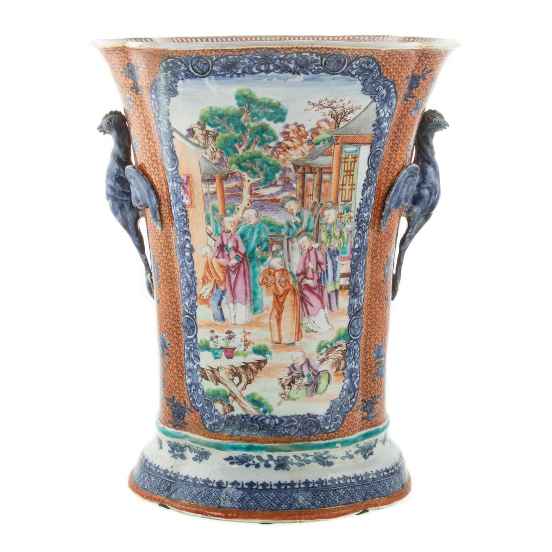 Large Chinese Export Mandarin Palette Bough Pot: Circa 1775; rare pot of exceptional size, shaped pot with Y diapering and pair of court scene vignettes, cross hatch band on base, with phoenix handles, and cherry blossom border on rim. 14 in. H., 12
