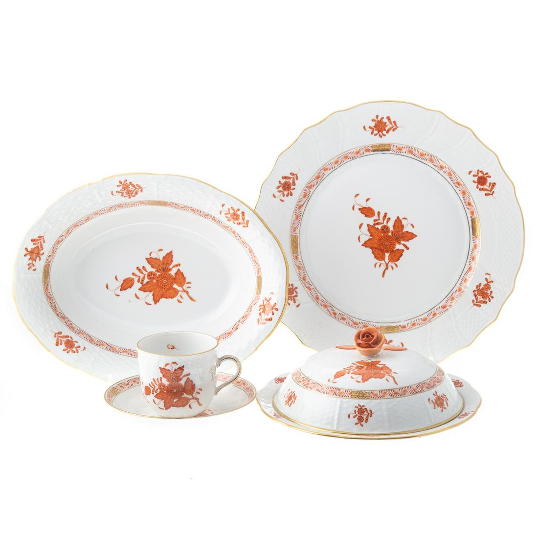 Herend China, Rust Chinese Bouquet Tableware: 23 pieces,includes; 12 dinner plates, 6 saucers, 3 tea cups, oval serving bowl, and a covered butter dish.