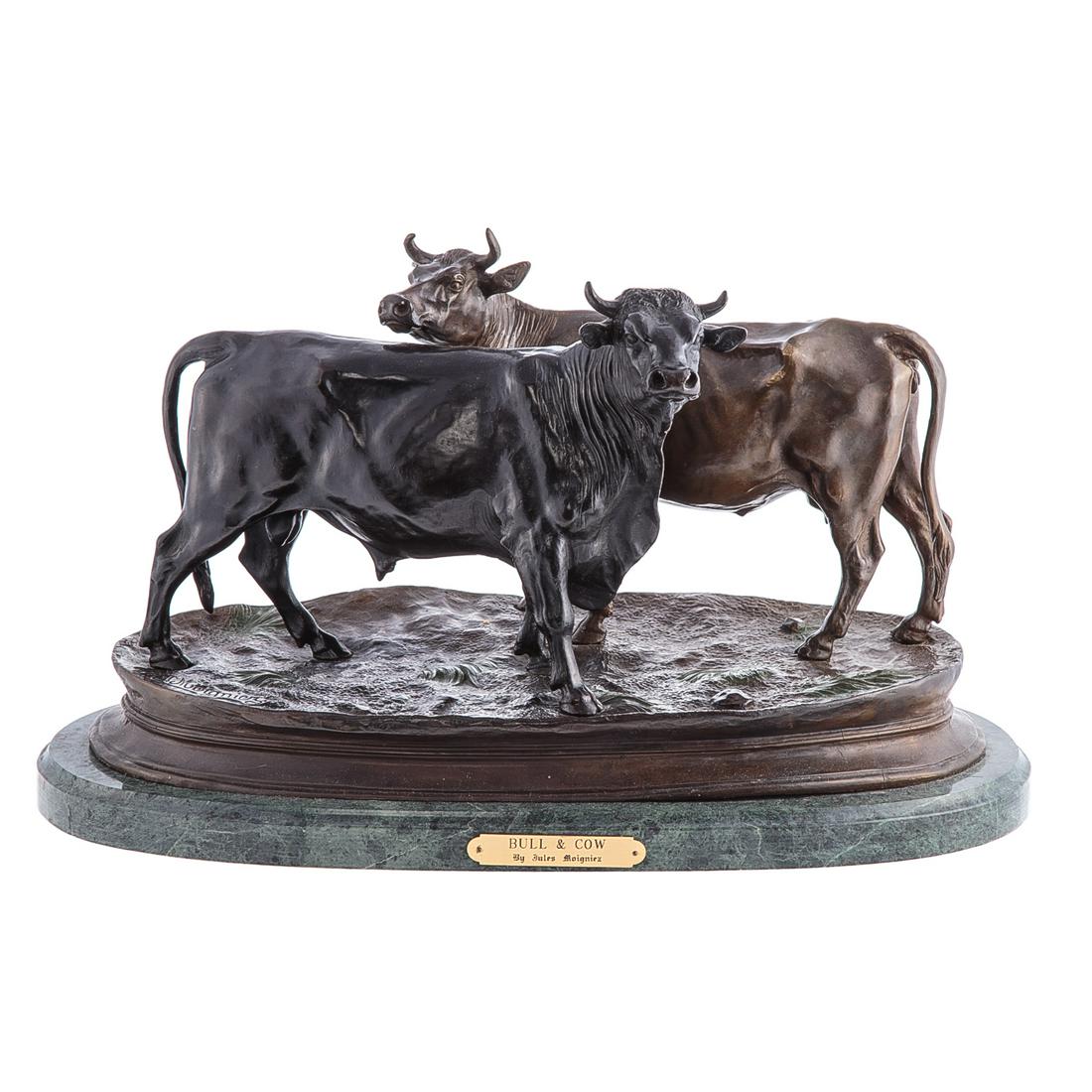 After Jules Moigniez, Cow & Bull Bronze Group: With painted accents on base, 10 in. H., 18 in. L., mounted on marble plinth with brass title plaque.