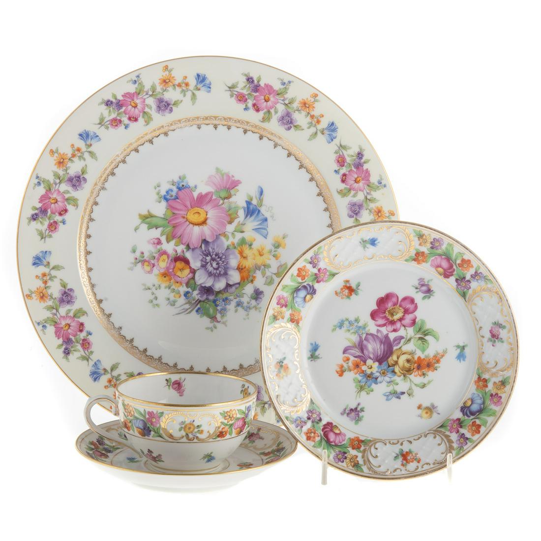 Assembled Set Dresden Flower China Dinnerware: 26 pieces, including; 7 dinner plates, 5 cups, 5 saucers and 6 bread plates. Estate of Linda McRae Noe Laine.