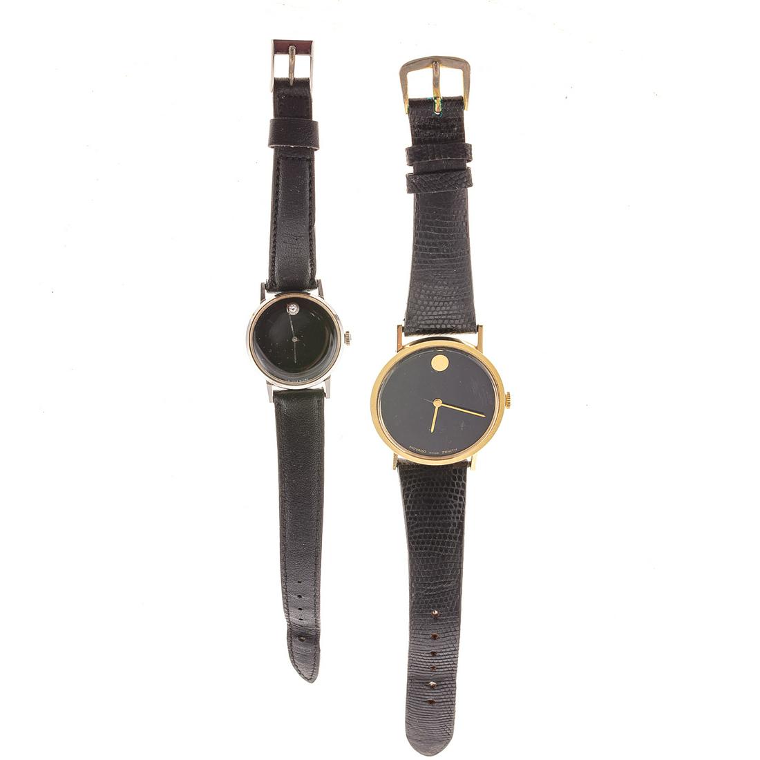 A Pair of 14K Movado Wrist Watches: 1) 14K yellow gold vintage Movado Zenith wrist watch, 17 jewels, 32 mm case, manual wind, black lizard strap and 2) 14K white gold vintage Movado wrist watch, 24 mm case, manual wind, black leather st