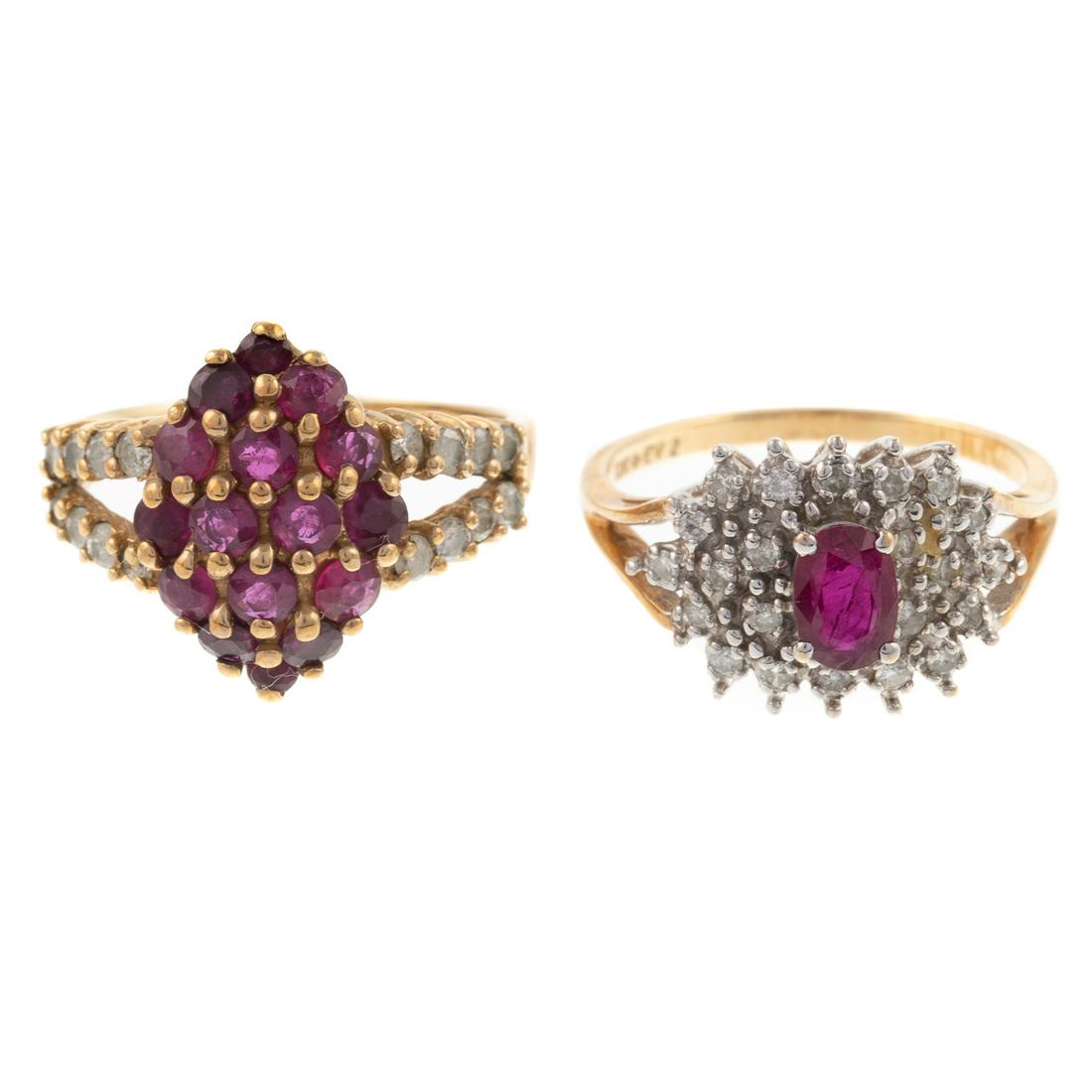 A Pair of Ruby & Diamond Rings in 10K: 1) 10K yellow gold ring with cluster of rubies in center and diamonds set in split shank, sz 8, and 2) 10K yellow gold ring with oval ruby in center with cluster of diamonds, sz 8, 8.5 grams tw