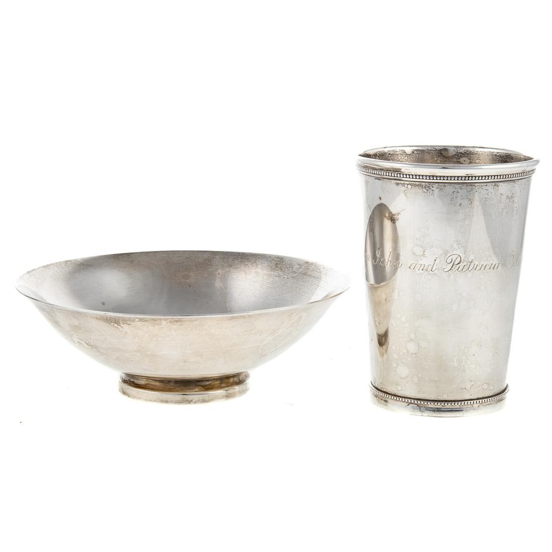 Tiffany & Co. Sterling Cup & Gorham Bowl: Tiffany cup inscribed "To David with love from John and Patricia Kluge," 4 3/8 in. H, 5.85 ozt.; Gorham bowl, 1956 date mark, 2 in. H, 6 in. Diam., 7.15 ozt.
