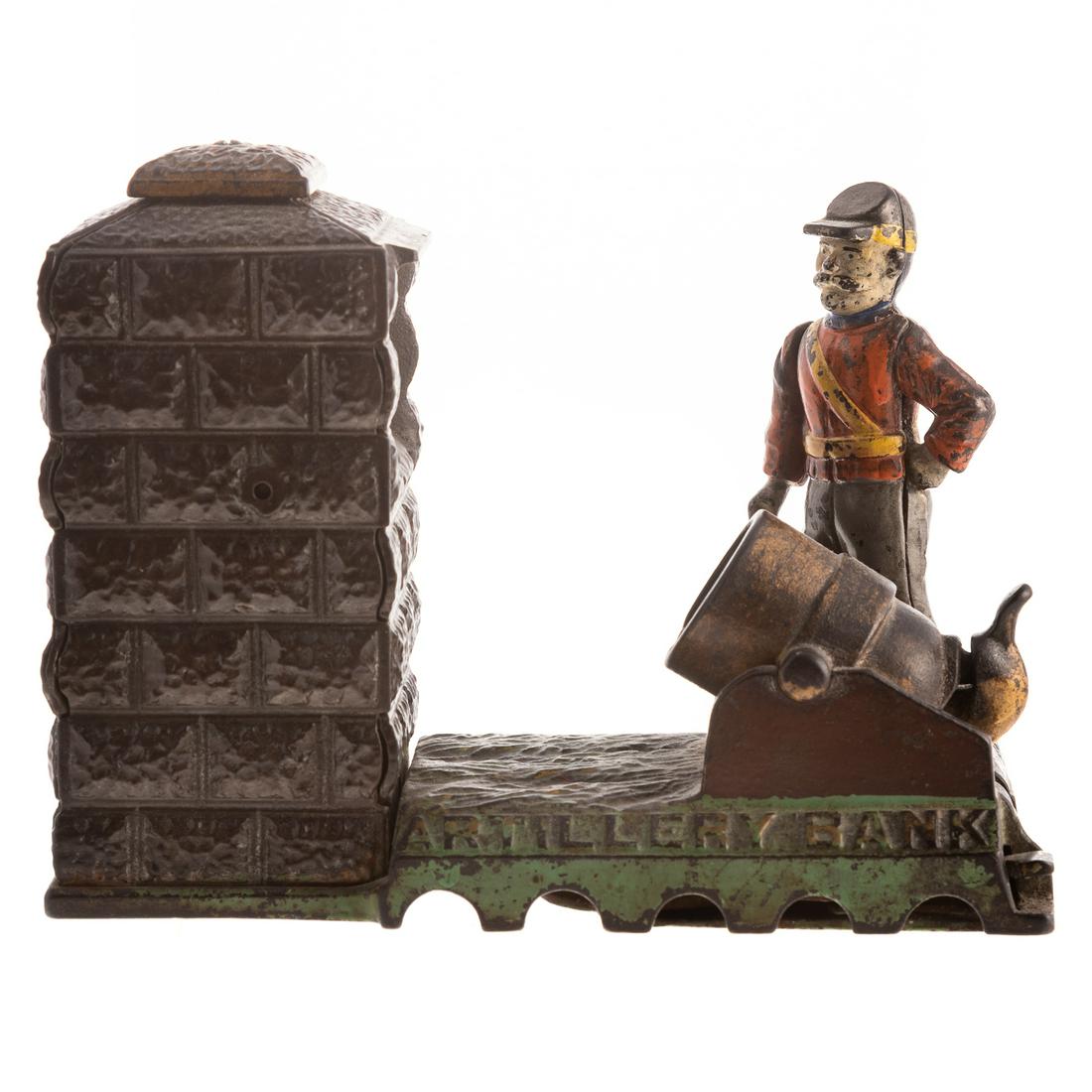 Artillery Bank, Cast Iron Mechanical Bank: Patented 1892; by J & E Stephens Co., with northern officer, 6 in. H., 8 in. L.