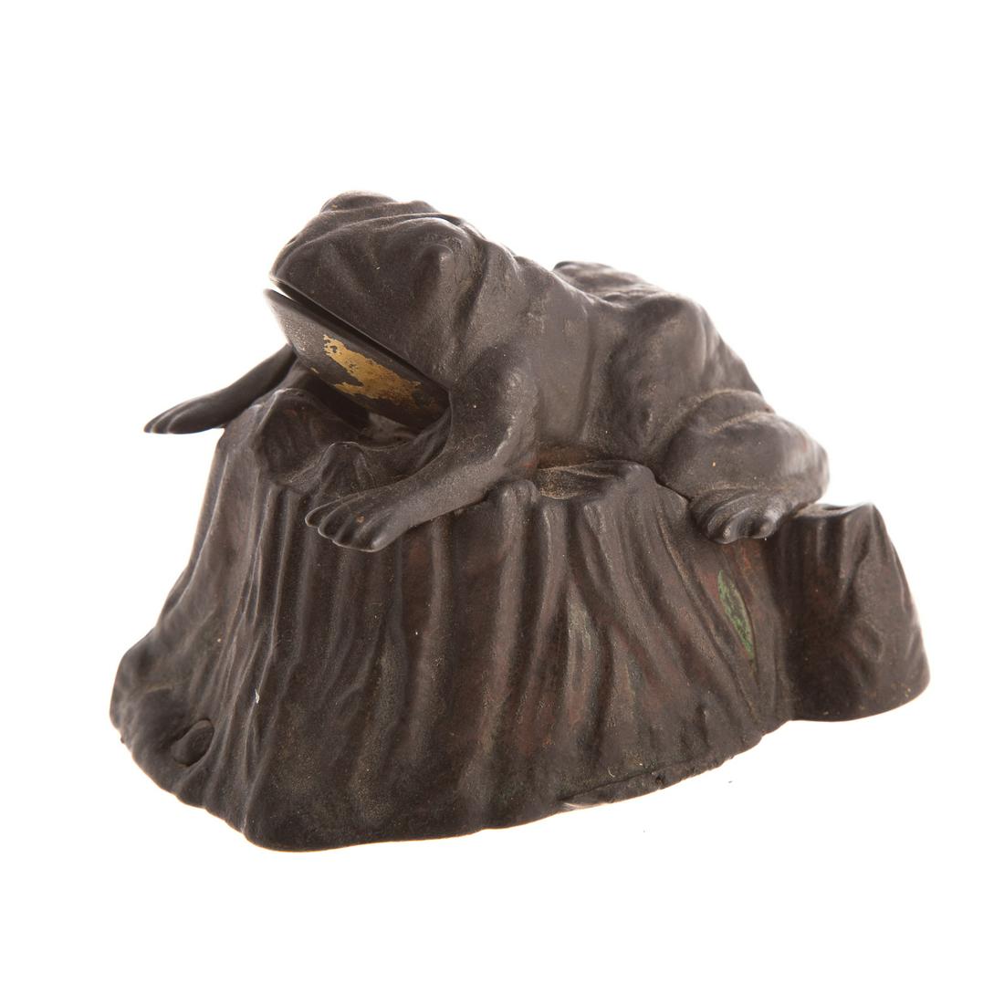 Frog on Stump, Cast Iron Mechanical Bank: Circa 1875; by J & E Stephens Co., 3 1/2 in. H., 4 in. L.
