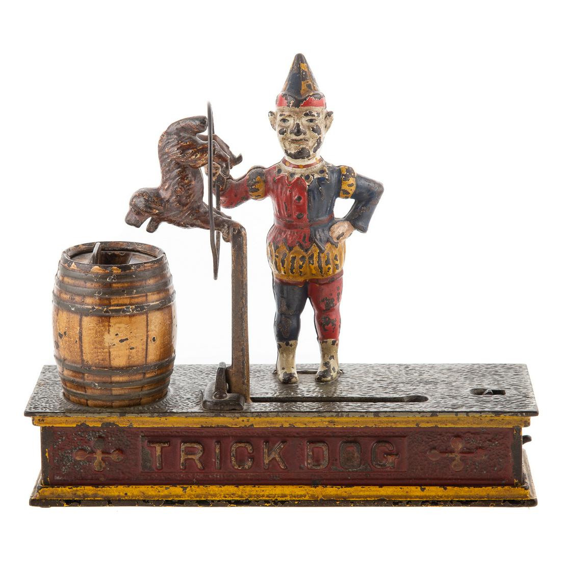 Trick Dog Cast Iron Mechanical Bank: Dated 1888; by J. & E. Stephens, 7 1/2 in. H/. 8 1/2 in. L.