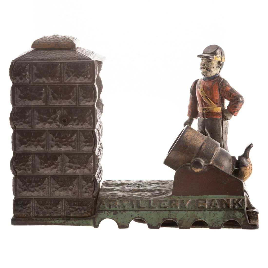 Artillery Bank, Cast Iron Mechanical Bank: Patented 1892; by J & E Stephens Co., with southern officer, 6 in. H., 8 in. L.