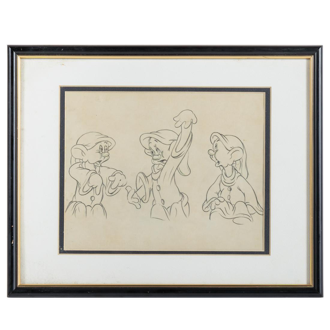 Walt Disney Dopey Pencil Drawing Pose Sheet: Circa 1935-36; three figure character study of Dopey, possibly by Vladimir Tytla, 9 1/4 x 7 1/2 in., matted and framed Filmart Galleries. 1993, from the collection of Joshua Meador, legendary effects 