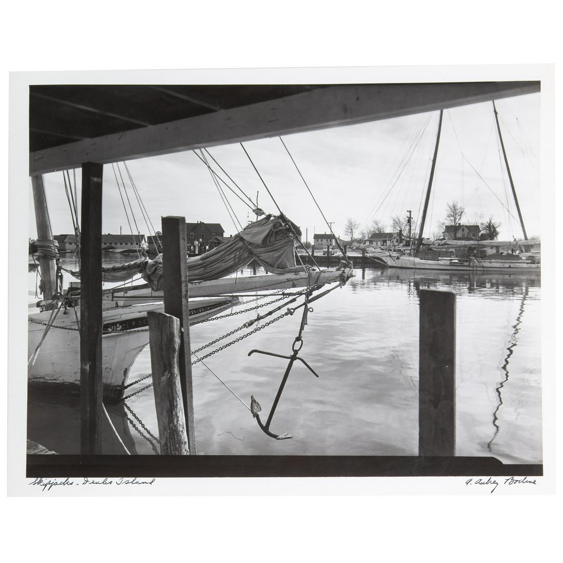 A. Aubrey Bodine. "Skipjacks-Deales Island," photo: (American, 1906-1970). Gelatin silver print, signed "A. Aubrey Bodine" lr, titled ll, photographer stamp on verso, 11 x 14 in., unframed.