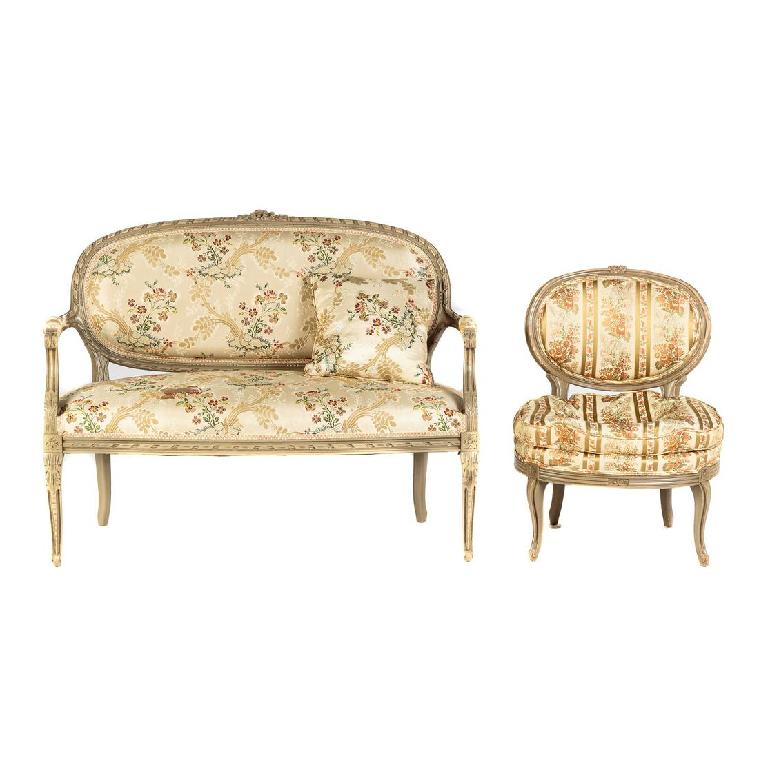 Louis XV Style Painted Wood Settee & Chair (1 of 8)