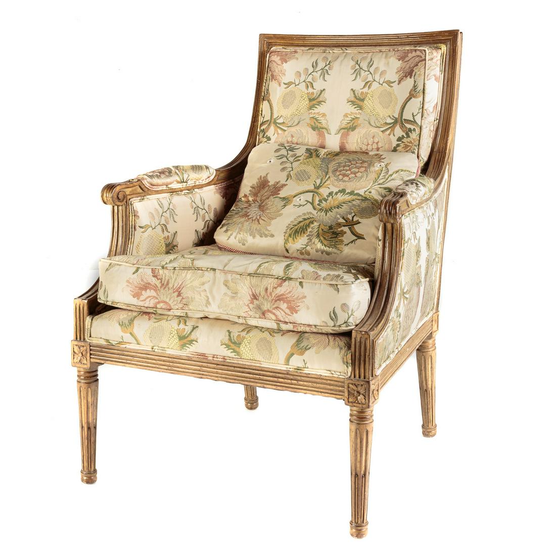 Louis XVI Style Painted Wood Upholstered Arm Chair: 37 in. H., 26 in. W. Estate of Samuel H. Moerman, Potomac, MD.