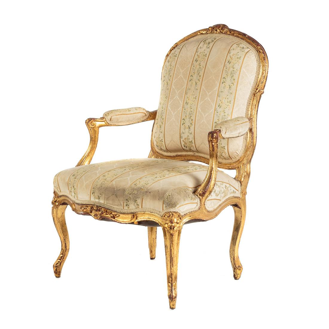 Louis XV Style Giltwood Arm Chair: 39. in. H., 26 in. W., 22 in. D.