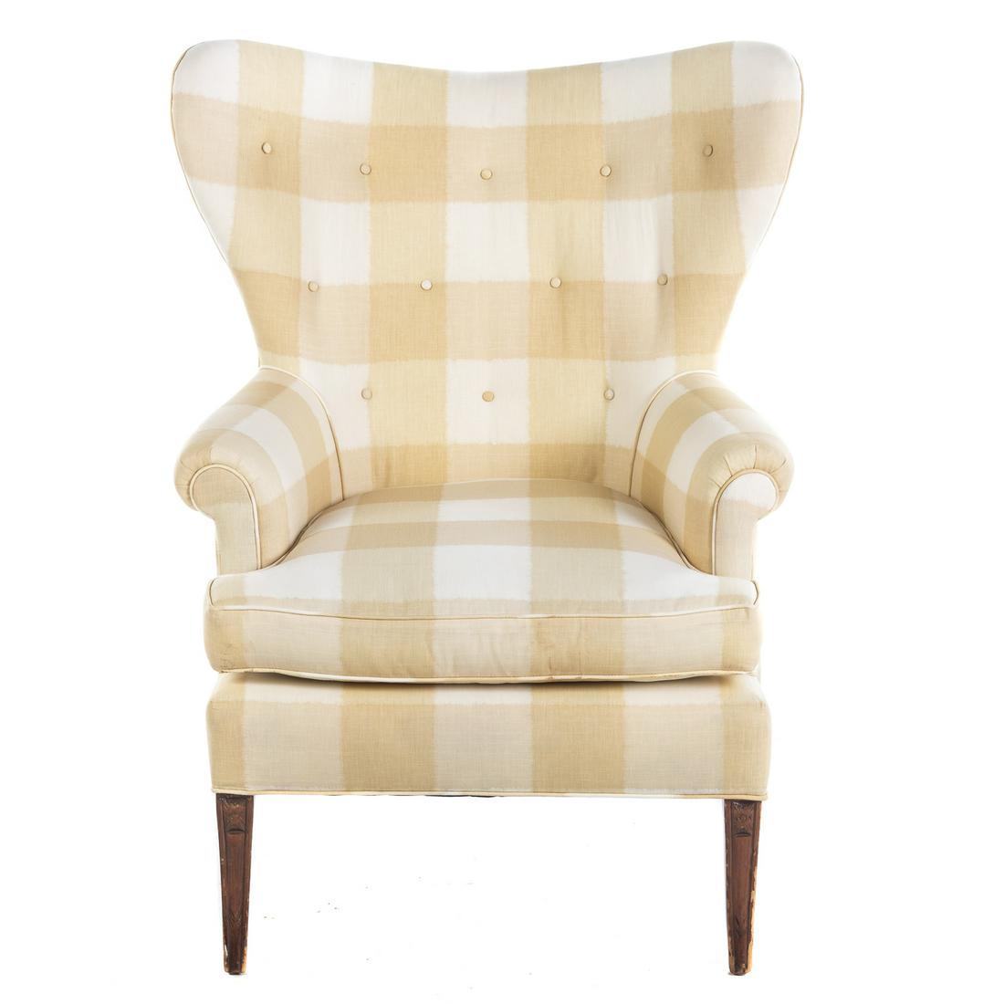 Georgian Style Mahogany Upholstered Wing Chair: With cream and yellow large check pattern upholstery, 40 in. H., 30 in. 24 in. D.