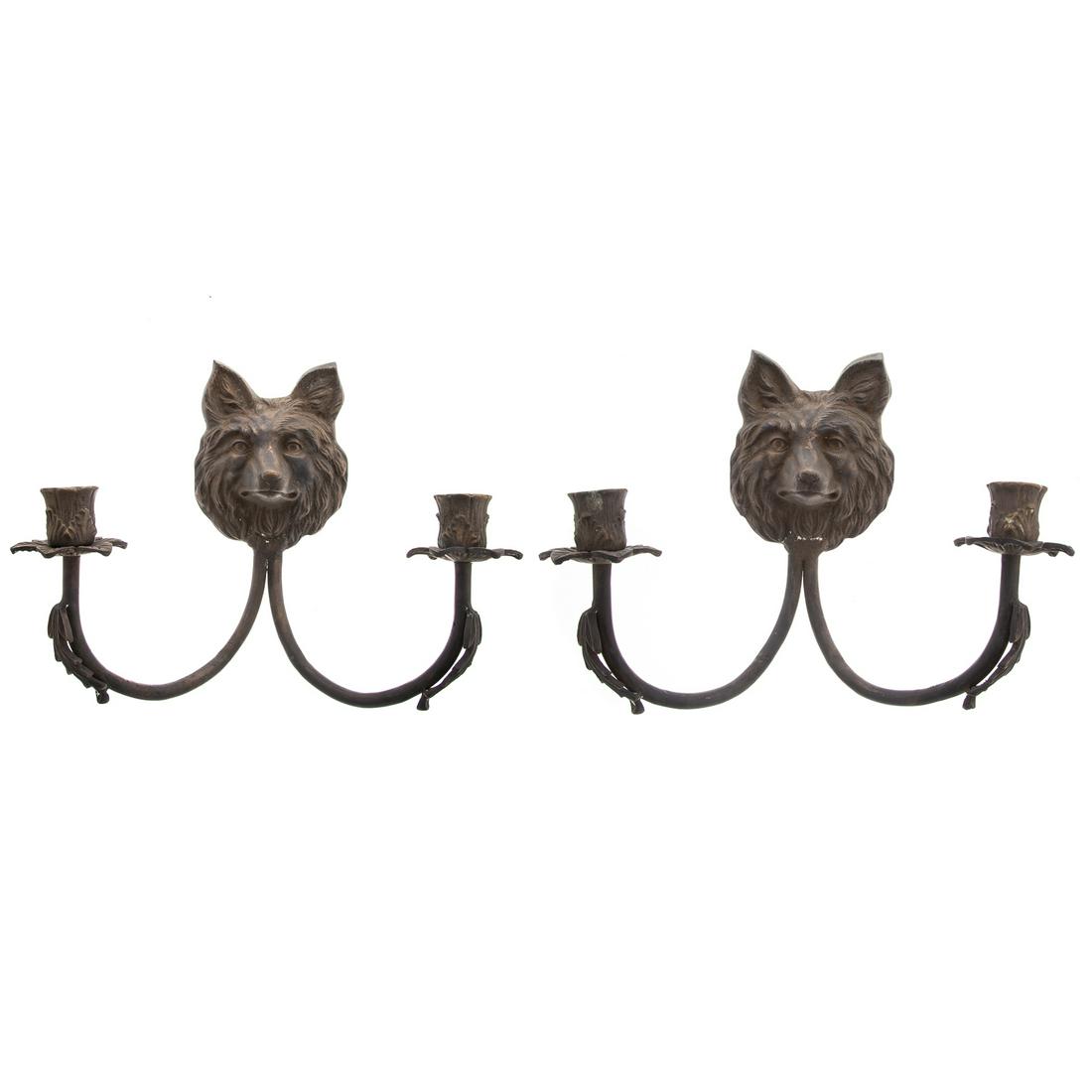 Pair of Wolf Head Bronze Two Light Sconces (1 of 8)