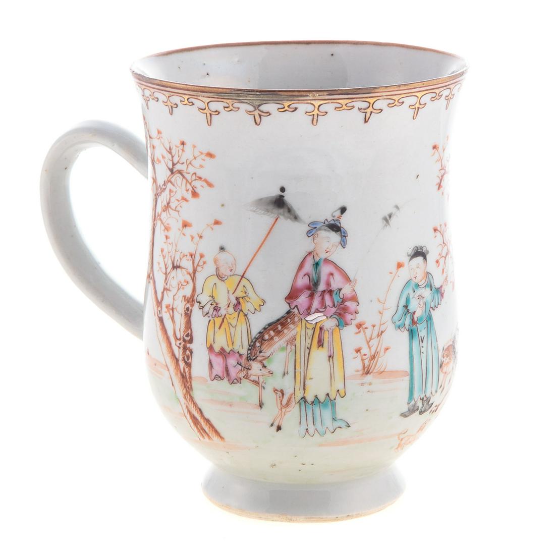 Chinese Export Mandarin Baluster Cann: Circa 1760-70; meandering scene of figures in garden with cherry blossoms, having spear head border, 6 in. H., 4 1/2 in. Diam.