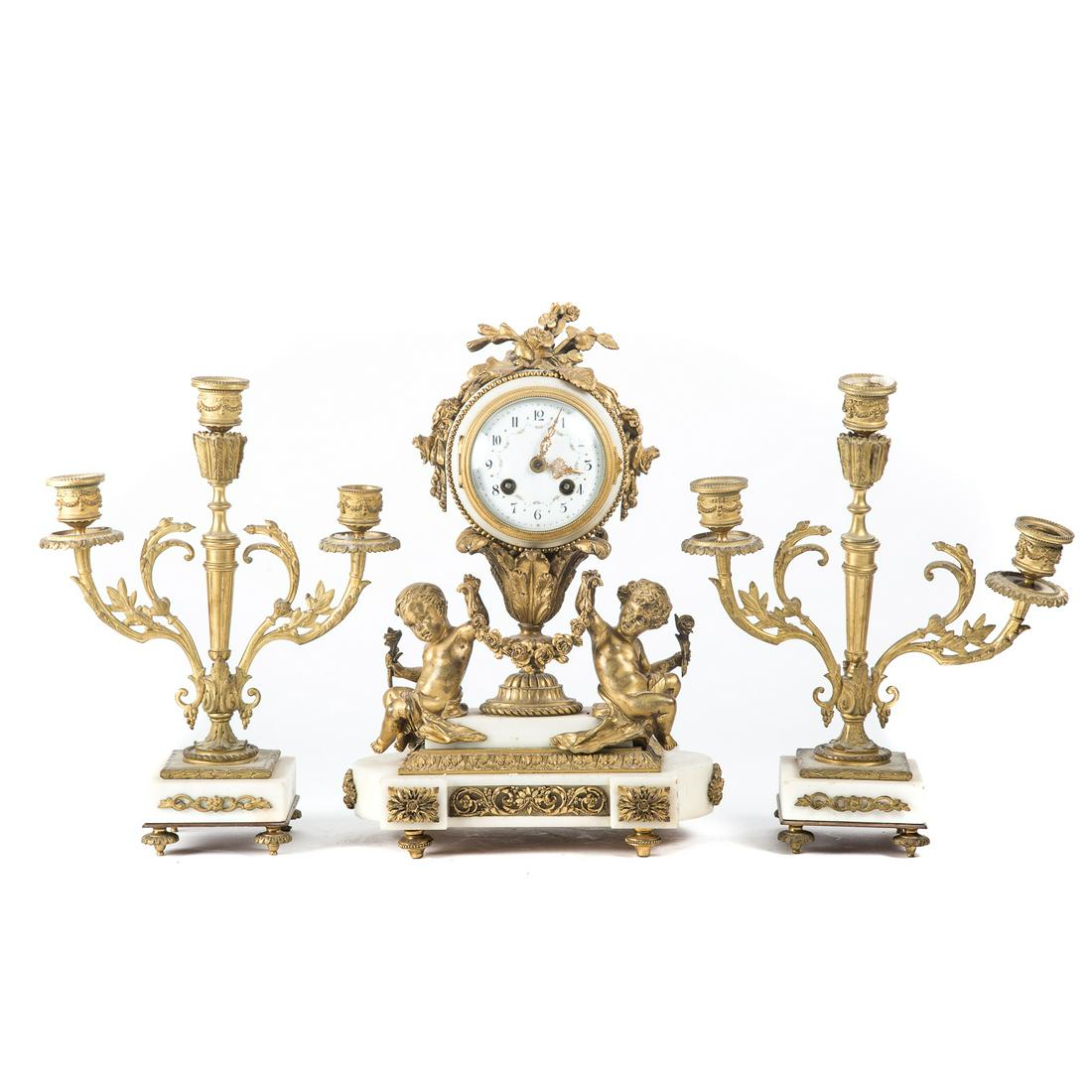 Napoleon III Gilt Bronze/Marble Clock Garniture (1 of 5)