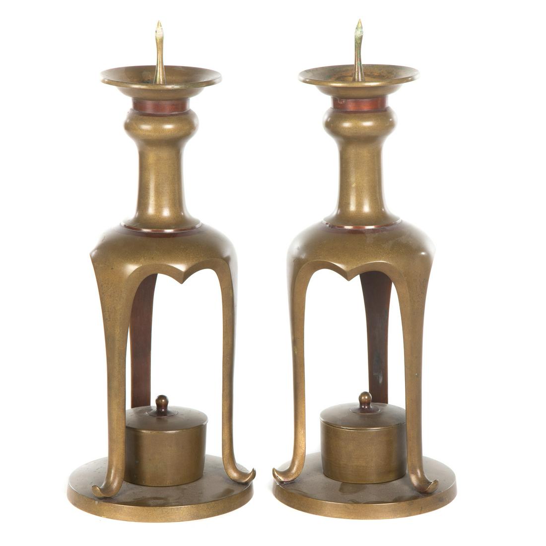 Pair Oriental Bronze Pricket Temple Candlesticks (1 of 4)