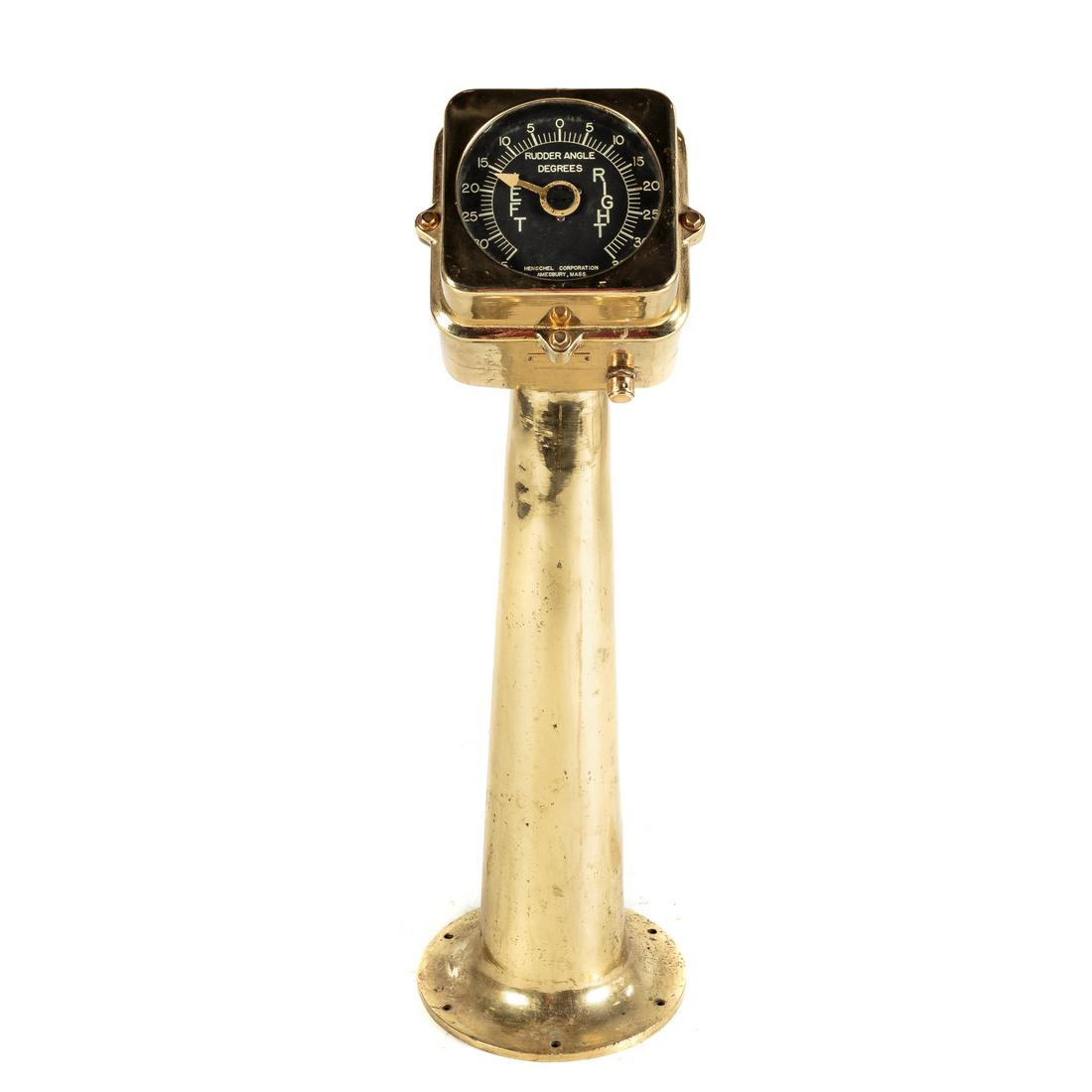 Henschel Brass Rudder Angle Degree Indicator: First quarter, 20th century; indicator in brass pedestal case, having glass panel cover, serial # AX-57-3, 39 in. H.