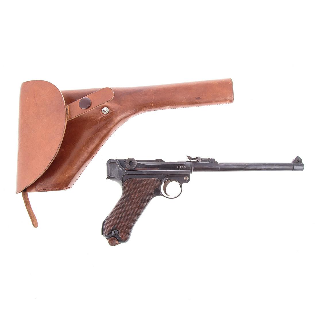 German DWM 1917 Artillery Luger: Serial number 3015 and found in seven other places, proof marks on right side, 8' Barrel, comes with custom holster