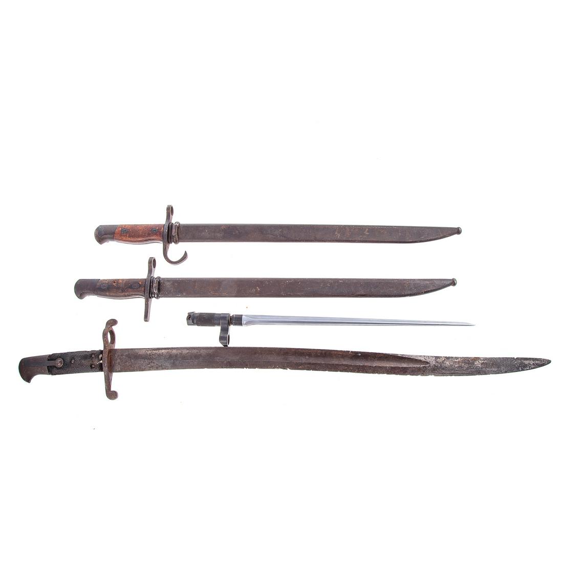 Assorted Bayonets: Mosin style stick bayonet, Japanese Arisaka (Kaneshiro Sakuganki Seizo KK arsenal), another Arisaka bayonet marked as Tokyo arsenal w/sheath and one unknown bayonet in poor condition
