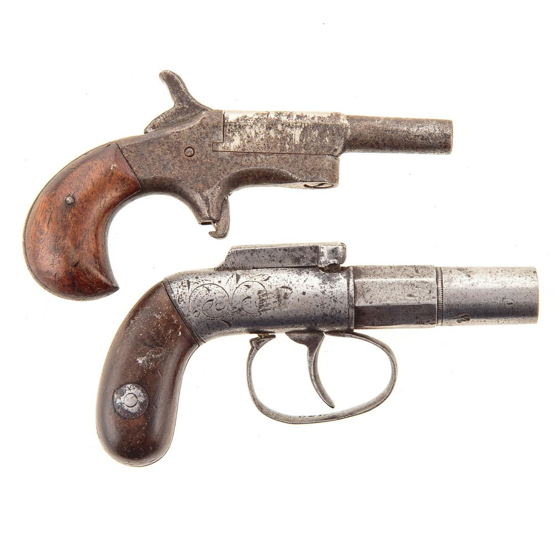 Derringer & Pocket Pistol: Allen's Patent Bar Hammer Percussion Derringer, 2" engraved barrel and a swing out barrel pocket pistol, 2 1/2" barrel single shot 22 cal.