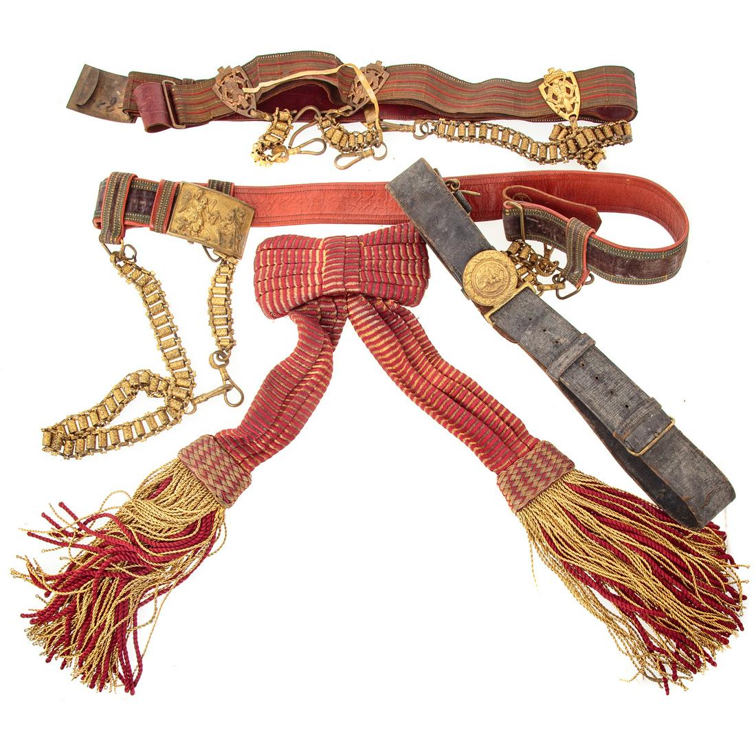 Assorted Military Belts & a Sash: Includes19th C. U. S. Navy belt, two Masonic sword belts and a belt sash