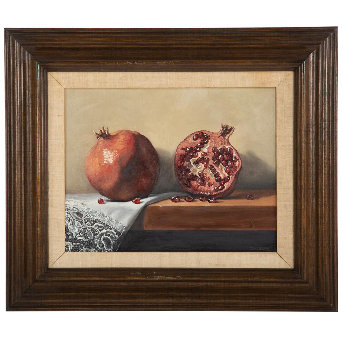 David Zuccarini. Pomegranates, oil: (American, b. 1953). Oil on panel, signed "Zuccarini" lr, 11 x 14 in., framed.