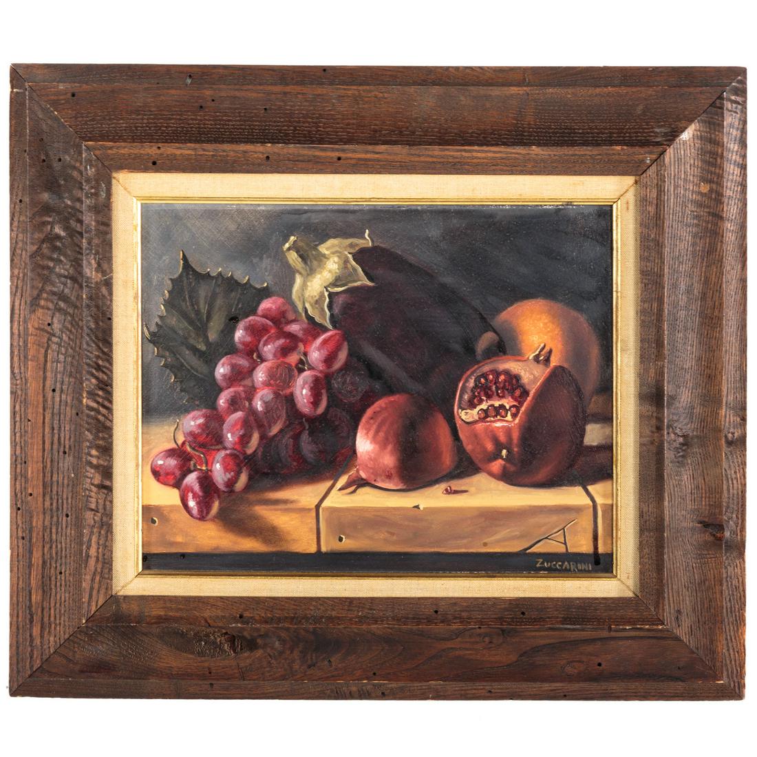 David Zuccarini. Still Life with Pomegranate, oil: (American, b. 1953). Oil on panel, signed "Zuccarini" lr, 11 x 14 in., framed.