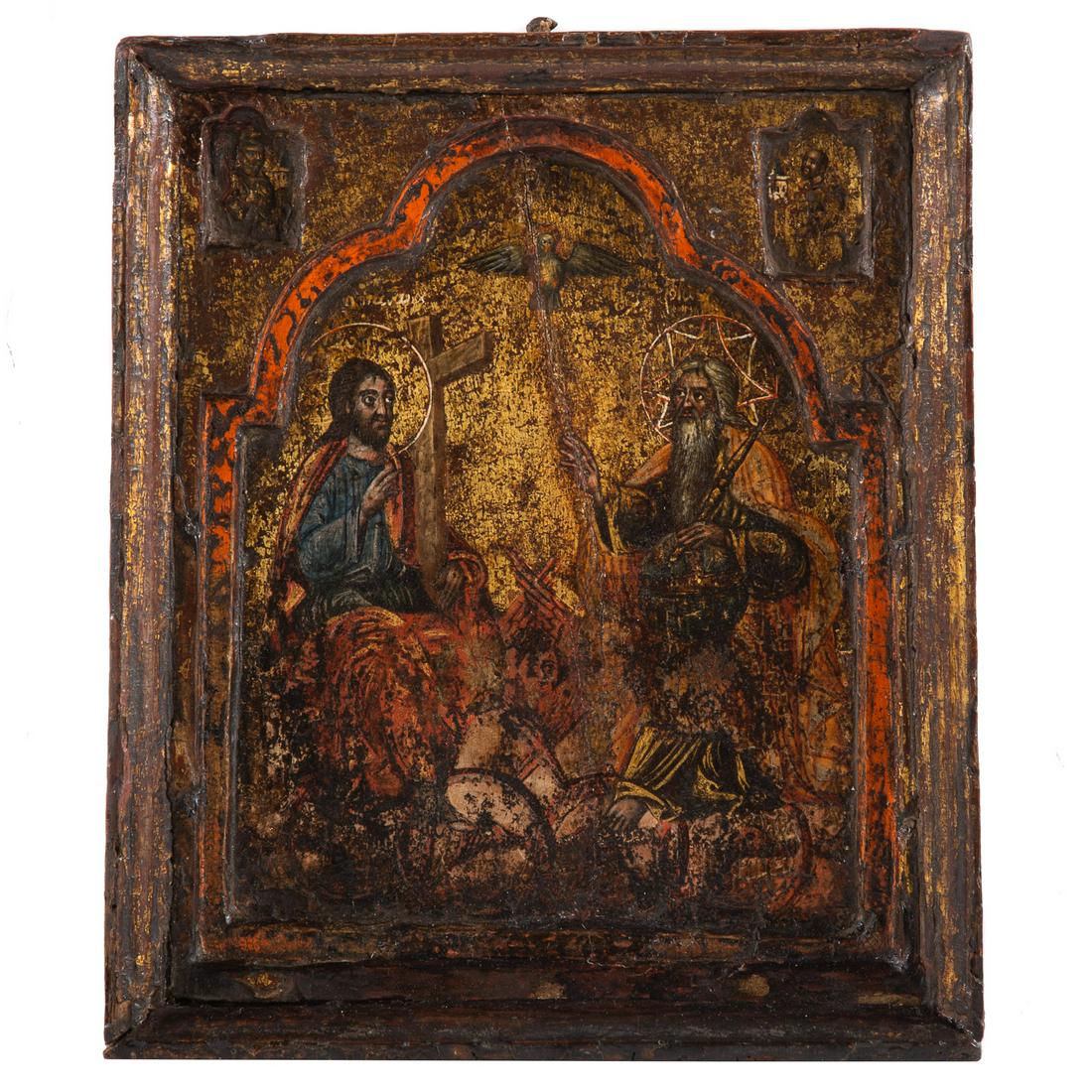 Greek Icon, 18th c. or Earlier, Holy Trinity: The Holy Trinity Enthroned with Two Saints and Cherub, egg tempera on carved and gilded panel, 12 3/4 x 10 3/4 in., comes with shadowbox frame. The private collection of Latin American Art from a prom