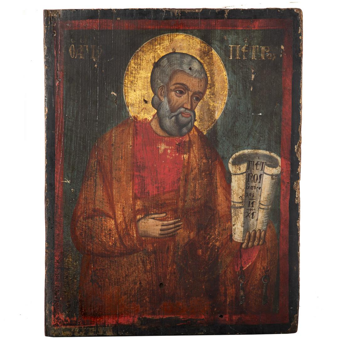Greek Icon, 18th c. or Earlier. St. Peter, tempera: Egg tempera on panel, 18 x 14 in., framed. The private collection of Latin American Art from a prominent Baltimore family.