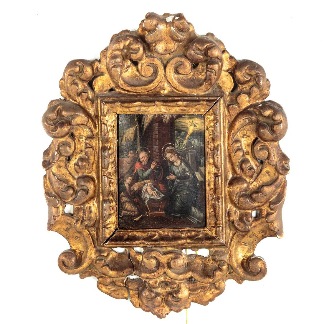 Manner of Flemish Renaissance. Nativity, oil: Late 19th/early 20th century. Oil on tin, 6 x 4 3/4 in., framed. Coale-Sappington Family of Libertytown, MD.